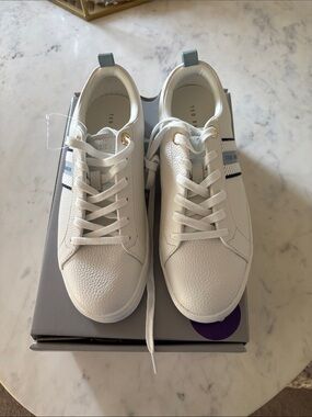Ted Baker White Leather Sneakers with Blue Stripe Accents